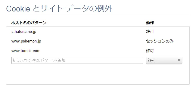 Cookie とサイト データの例外